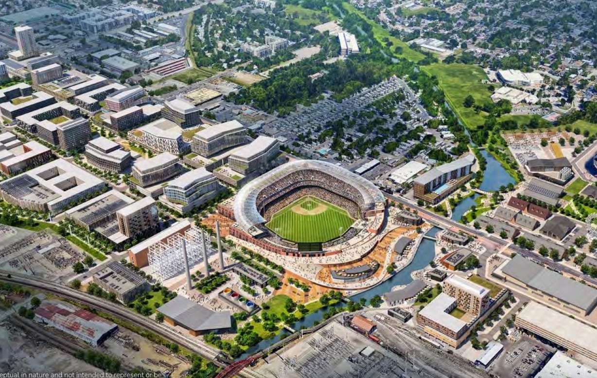 A rendering of what a potential Major League Baseball stadium and and neighborhood around it could look like.