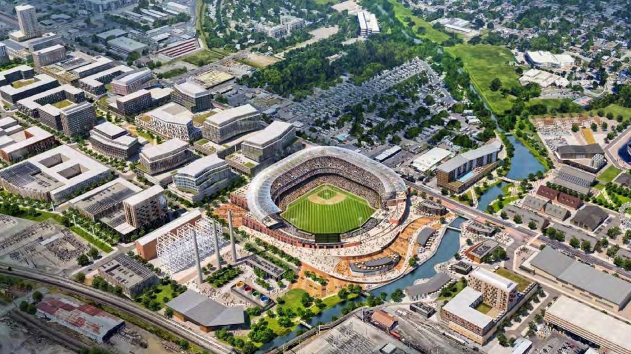 A rendering of what a potential Major League Baseball stadium and and neighborhood around it could look like. One of baseball's top insiders says Utah has an inside track on landing a big league team, but MLB's commissioner says don't expect a decision anytime soon.
