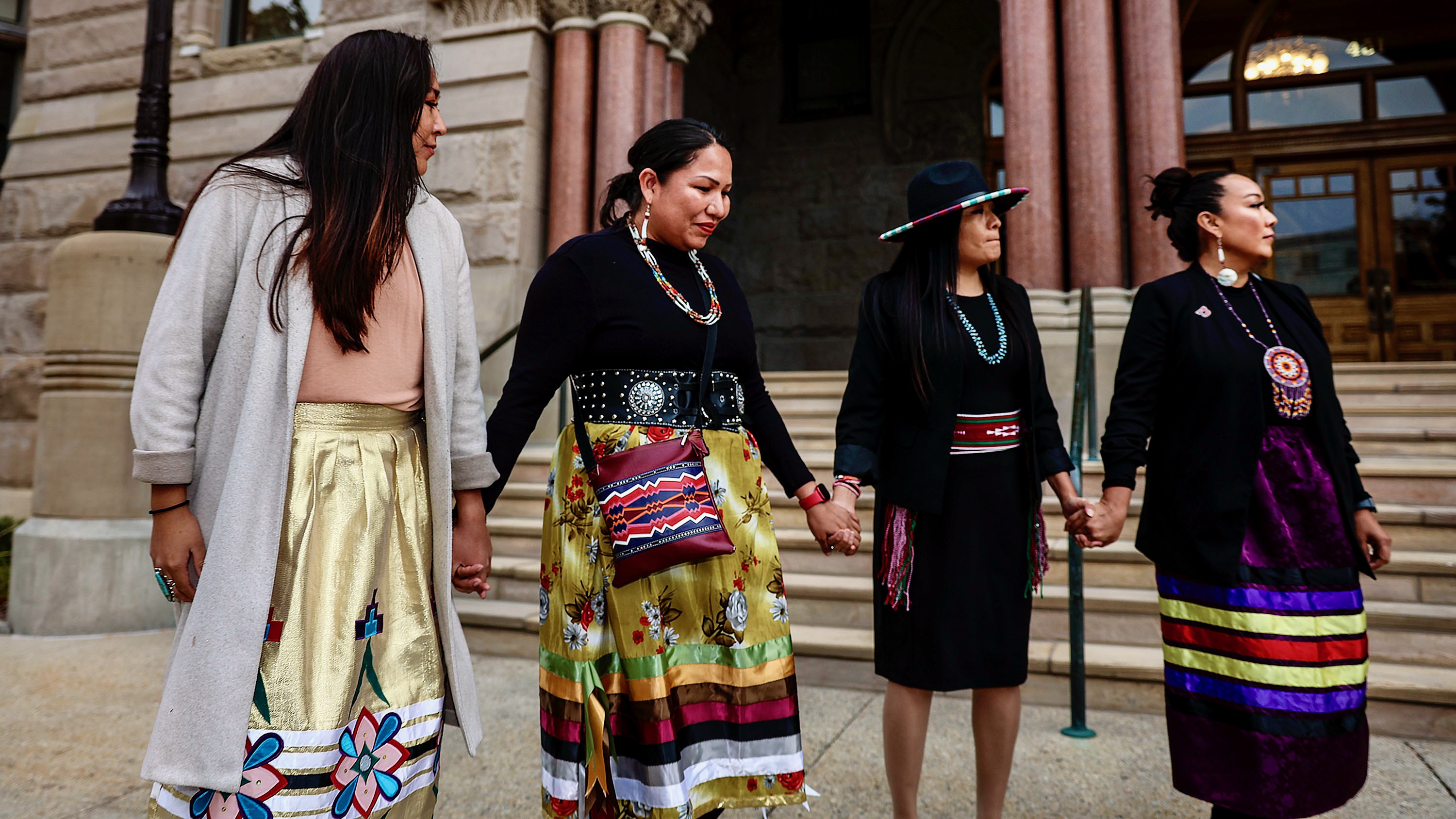 Representatives from the University of Utah American Indian Resource Center, Urban Indian Center of Salt Lake and the Utah Division of Indian Affairs celebrate the beginning of Native American Heritage Month at the Salt Lake City-County Building on Nov. 1, 2022.