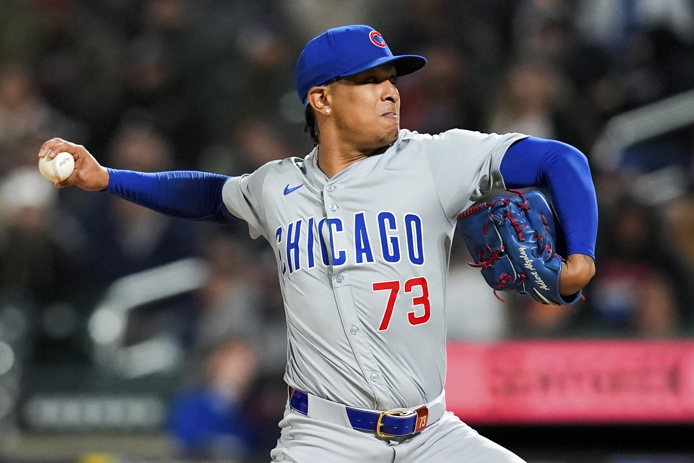 FILE - Chicago Cubs pitcher Adbert Alzolay (73) throws during the sixth inning of a baseball game against the New York Mets, April 30, 2024, in New York.
