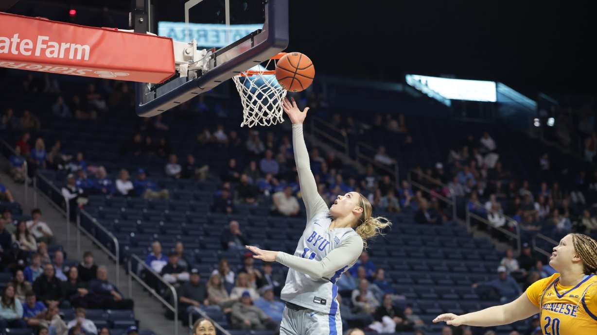 BYU guard Delaney Gibb drives to the rim during an NCAA women's basketball game, Tuesday, Nov. 19, 2024 at the Marriott Center in Provo, Utah.