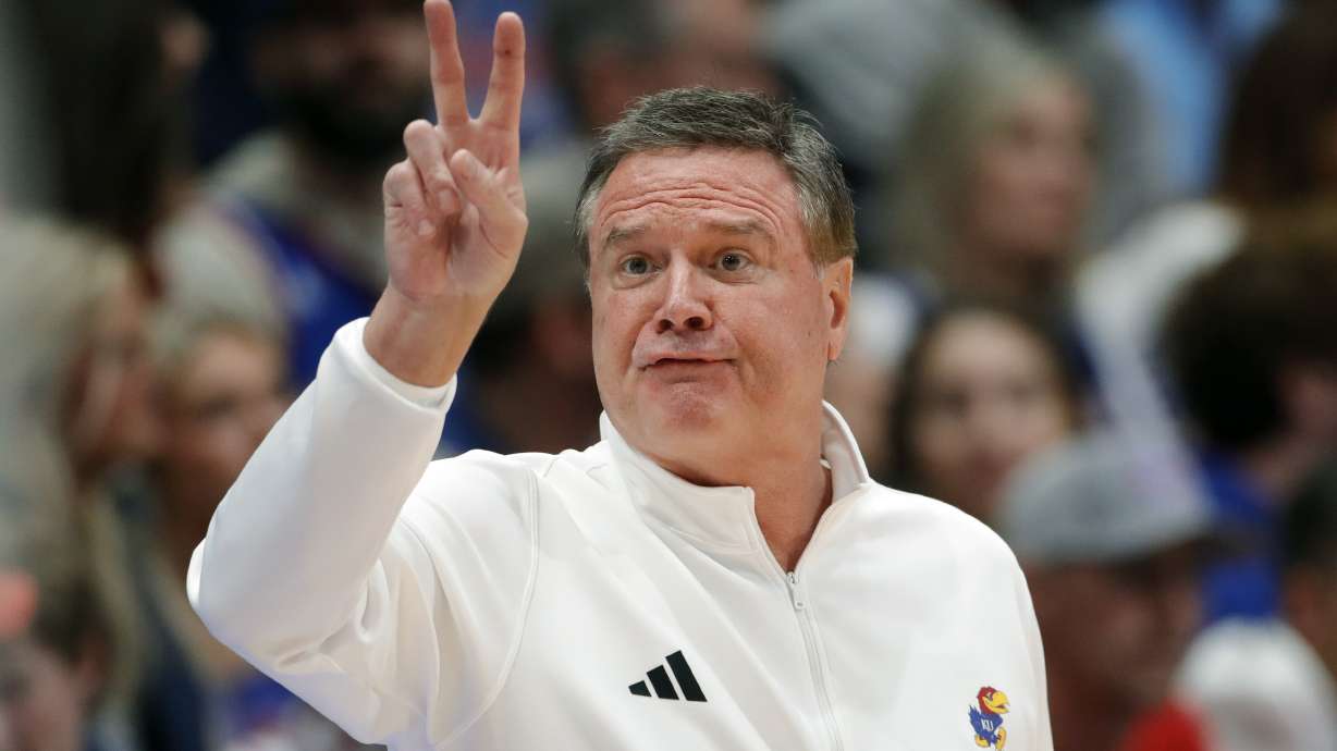 Kansas head coach Bill Self calls out a play during the first half of an NCAA college basketball game against Oakland, Saturday, Nov. 16, 2024, in Lawrence, Kan.