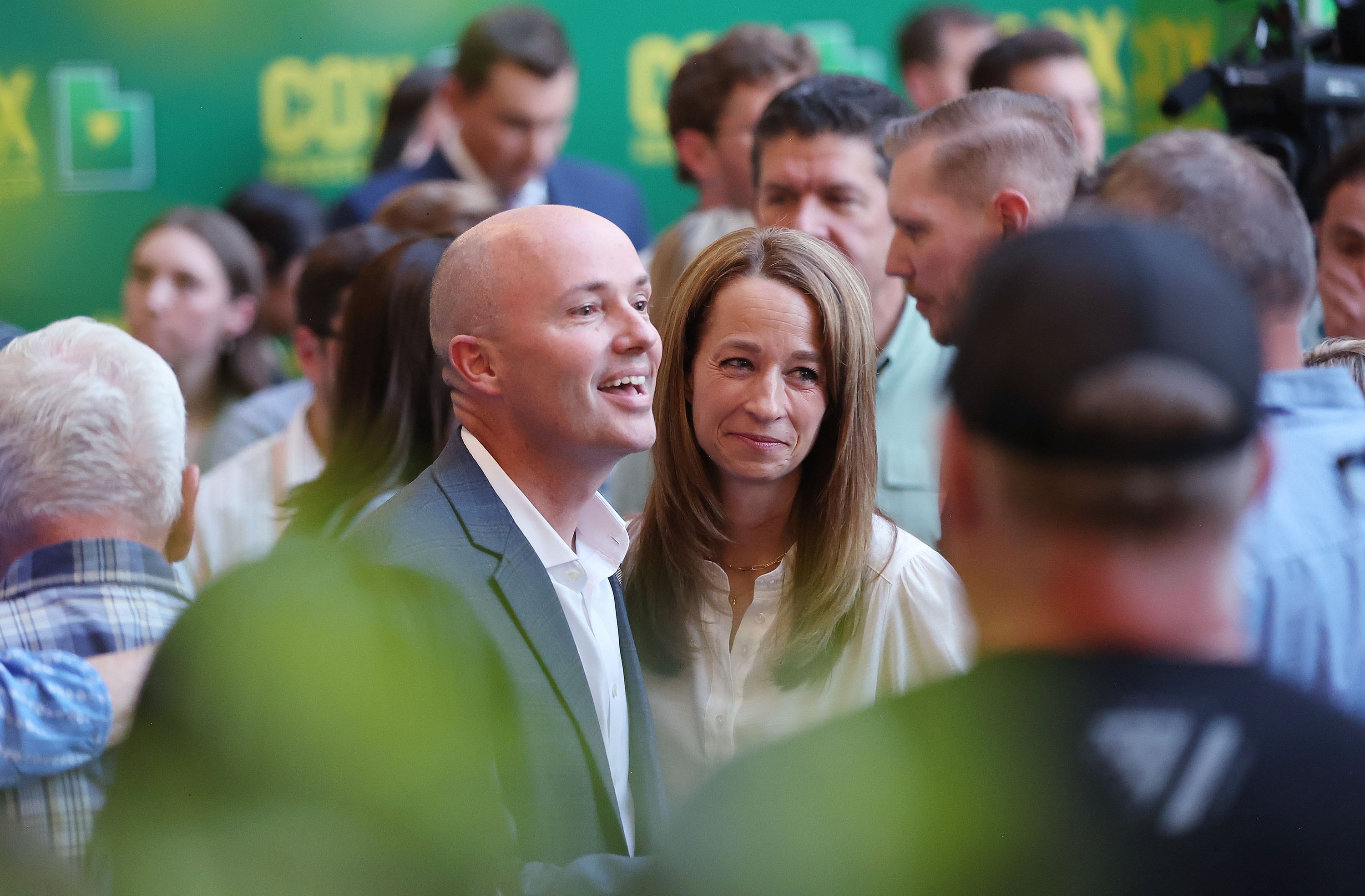 Gov. Spencer Cox and first lady Abby Cox greet supporters during the election night party in Salt Lake City on June 25. Cox discussed the Nov. 5 election as part of the Democracy Dialogues series in Virginia on Tuesday.