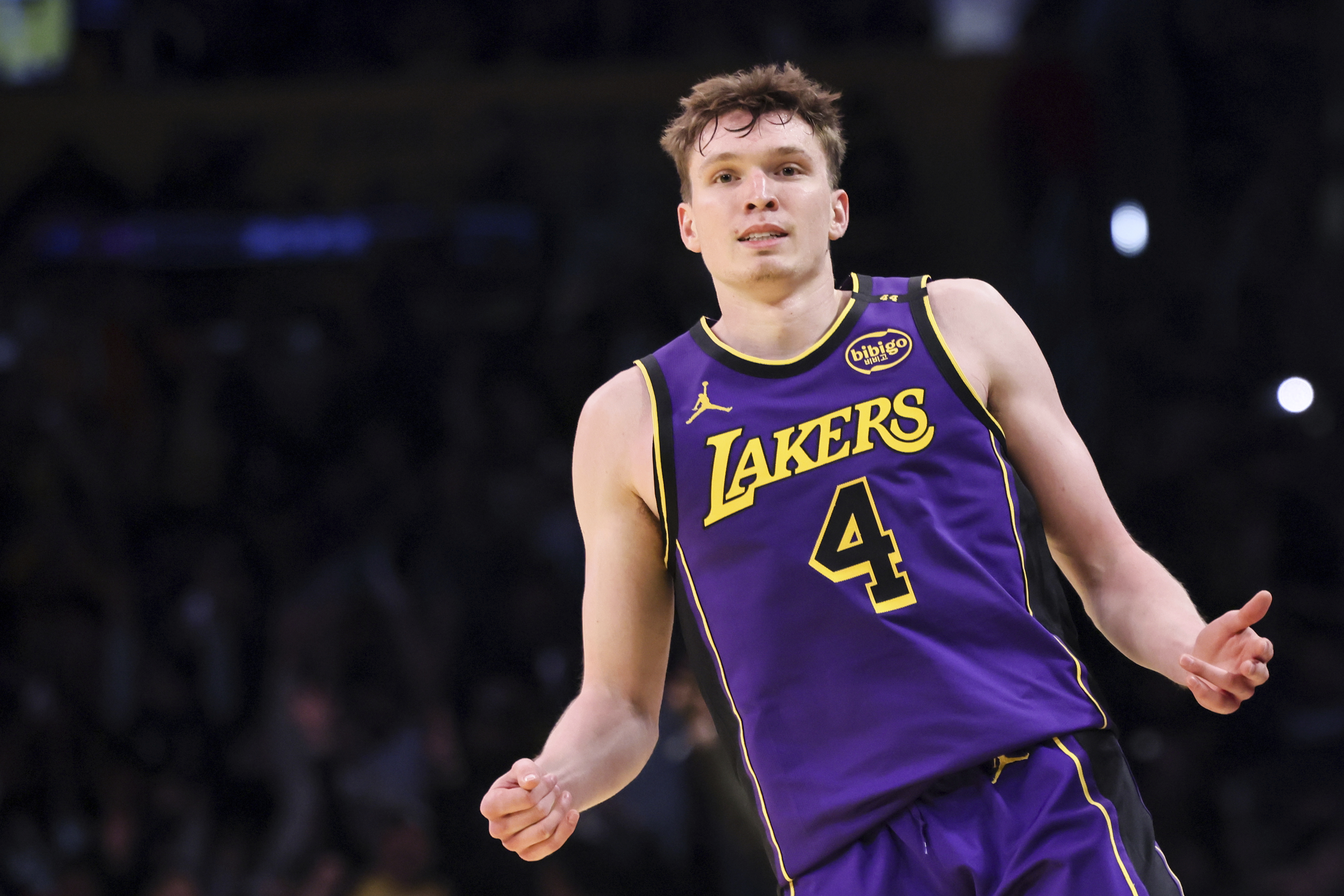 Los Angeles Lakers guard Dalton Knecht celebrates after scoring a 3-pointer during the second half of an Emirates NBA Cup basketball game against the Utah Jazz, Tuesday, Nov. 19, 2024, in Los Angeles. 