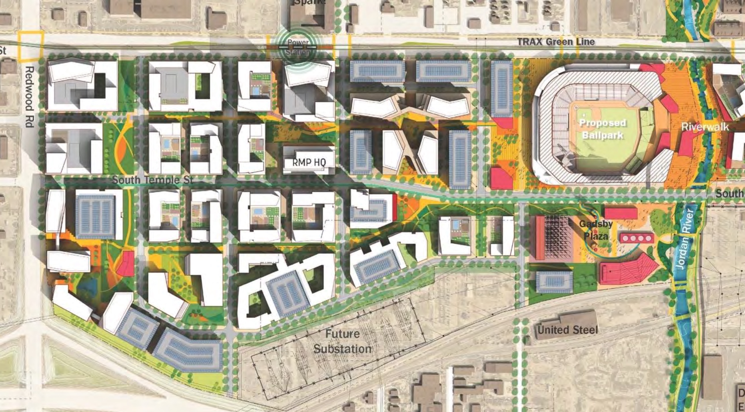 A rendering of how the 93 acres of land that the Larry H. Miller Company is looking to rezone could look with an MLB stadium included. Its land is located just north of TheYard.