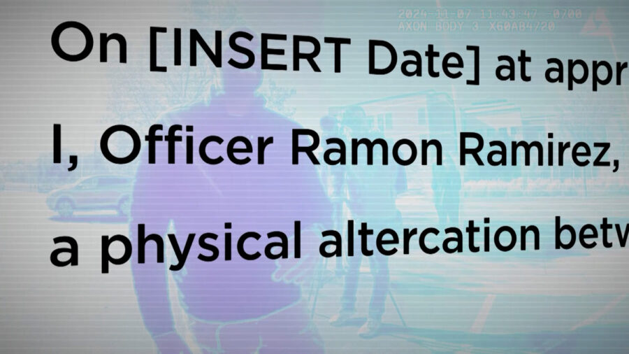 Axon’s Draft One program generates a draft of a police report based on audio captured by officer Ramon Ramirez’s body camera during a demonstration.