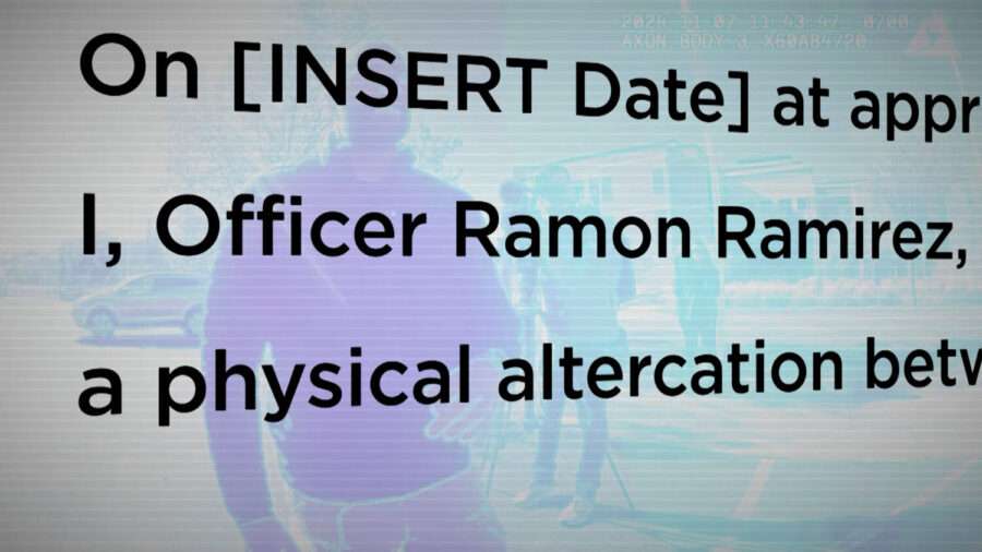 Axon’s Draft One program generates a draft of a police report based on audio captured by officer Ramon Ramirez’s body camera during a demonstration.