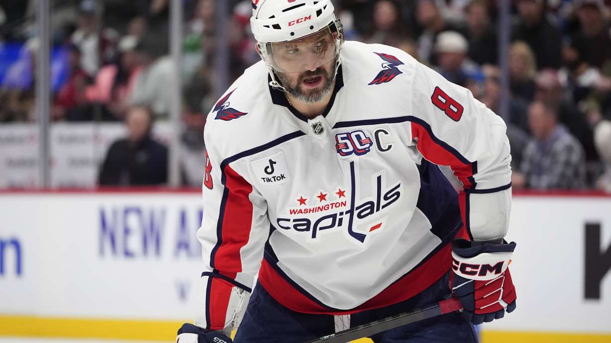 Washington Capitals left wing Alex Ovechkin waits for a face off in the second period of an NHL hockey game against the Colorado Avalanche, Friday, Nov. 15, 2024, in Denver.