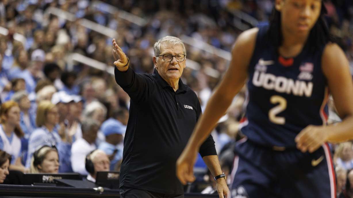 UConn head coach Geno Auriemma directs his team during the second half of an NCAA college basketball game against North Carolina in Greensboro, N.C., Friday, Nov. 15, 2024.