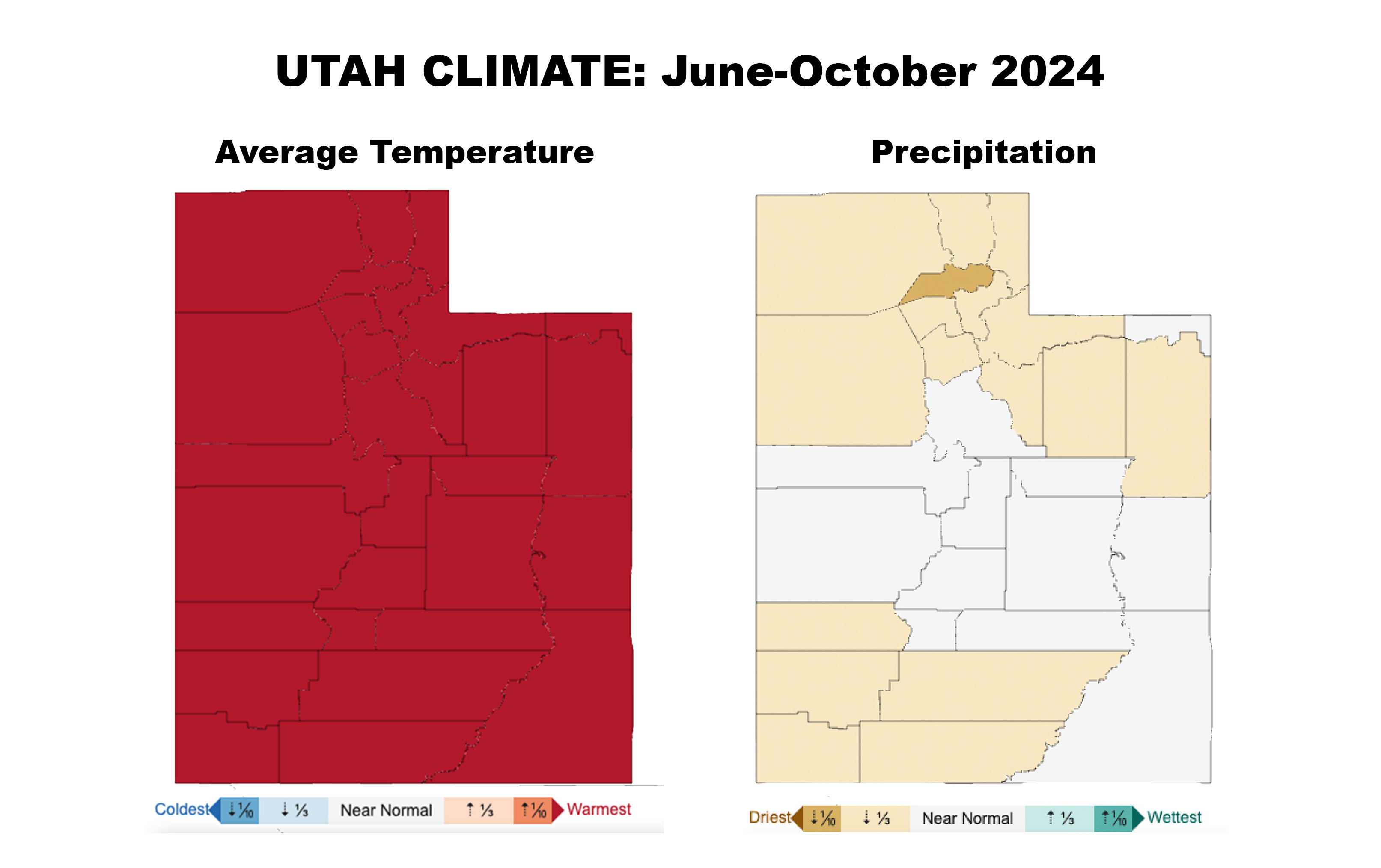 These maps show the average temperature and precipitation levels in every Utah county from June 1 through Oct. 31 and how it compares to the same periods over the past 130 years. It was the hottest for every county, but drier in northern and southwest Utah.