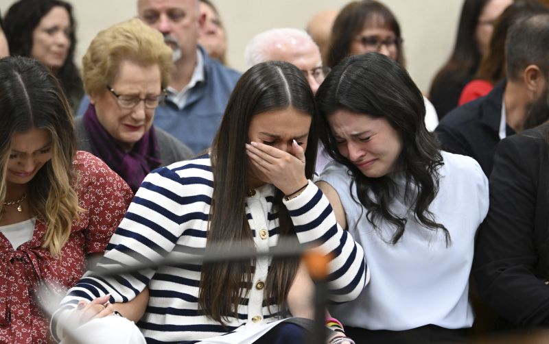 From left, Connolly Huth, roommate of Laken Riley, Lauren Phillips, sister of Laken Riley, and Sofia Magana, roommate of Laken Riley, react as Superior Court Judge H. Patrick Haggard announces the verdict during a trial of Jose Ibarra at Athens-Clarke County Superior Court, Wednesday, in Athens, Ga.