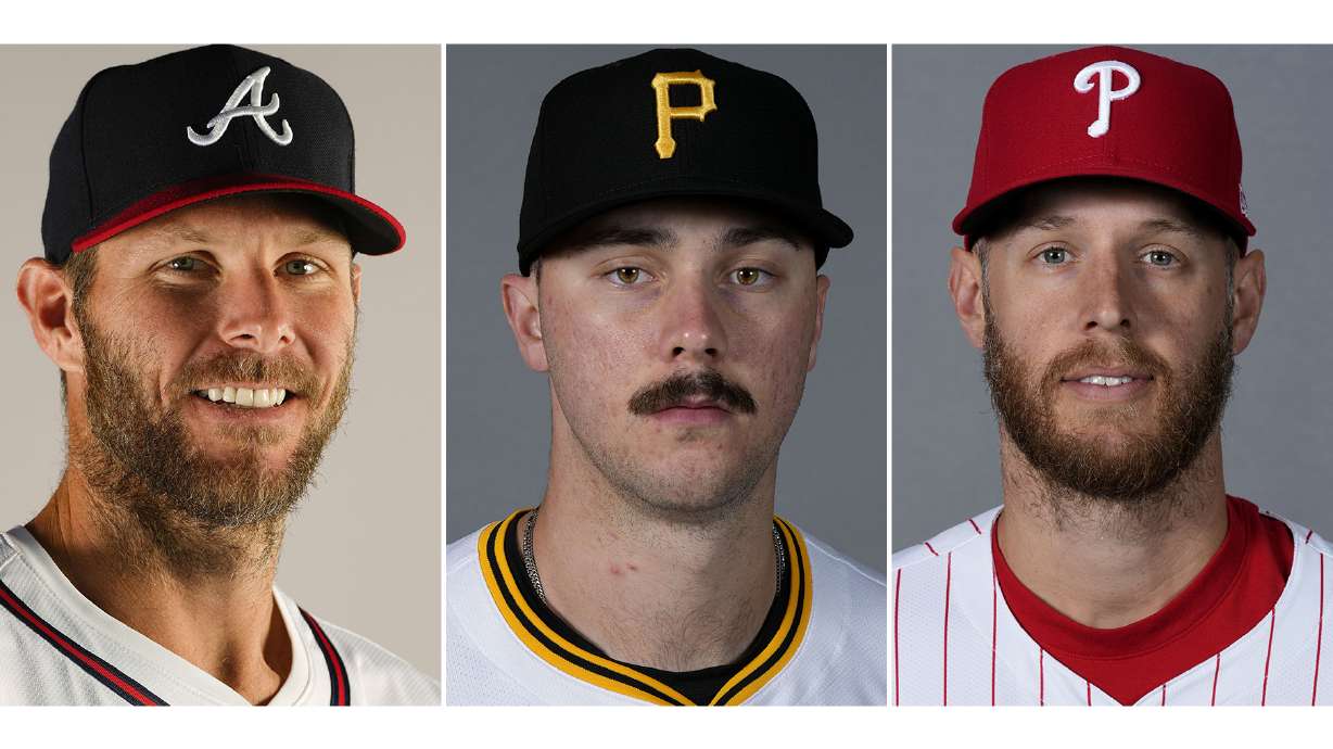 FILE - From left are baseball players, Atlanta Braves' Chris Sale, Pittsburgh Pirates' Paul Skenes and Philadelphia Phillies' Zack Wheeler.
