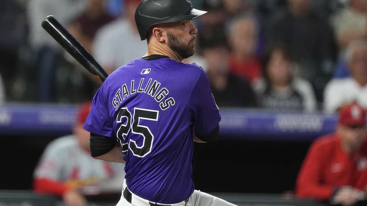 FILE - Colorado Rockies catcher Jacob Stallings (25) in the second inning of a baseball game Tuesday, Sept. 24, 2024, in Denver.
