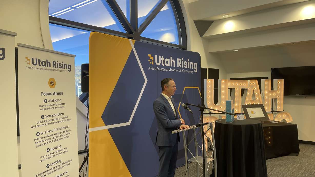 Derek Miller, president and CEO of the Salt Lake Chamber, speaks at the unveiling of Utah Rising, a free enterprise vision for Utah's economy in Salt Lake City on Wednesday.