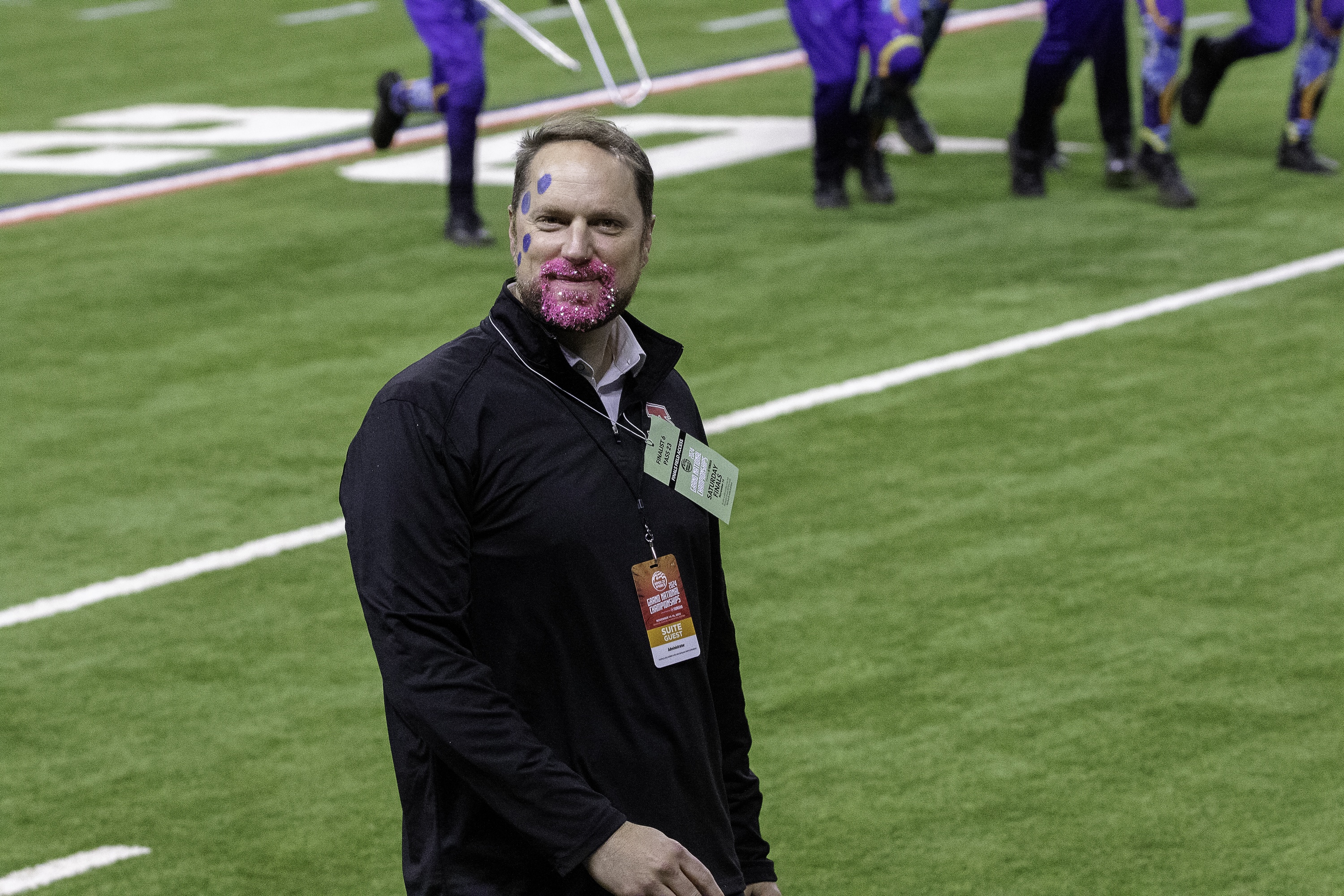 American Fork High School Principal Peter Glahn sports a pink beard in honor of the marching band making it to the finals at the Bands of America Grand National Marching Competition on Nov. 16.