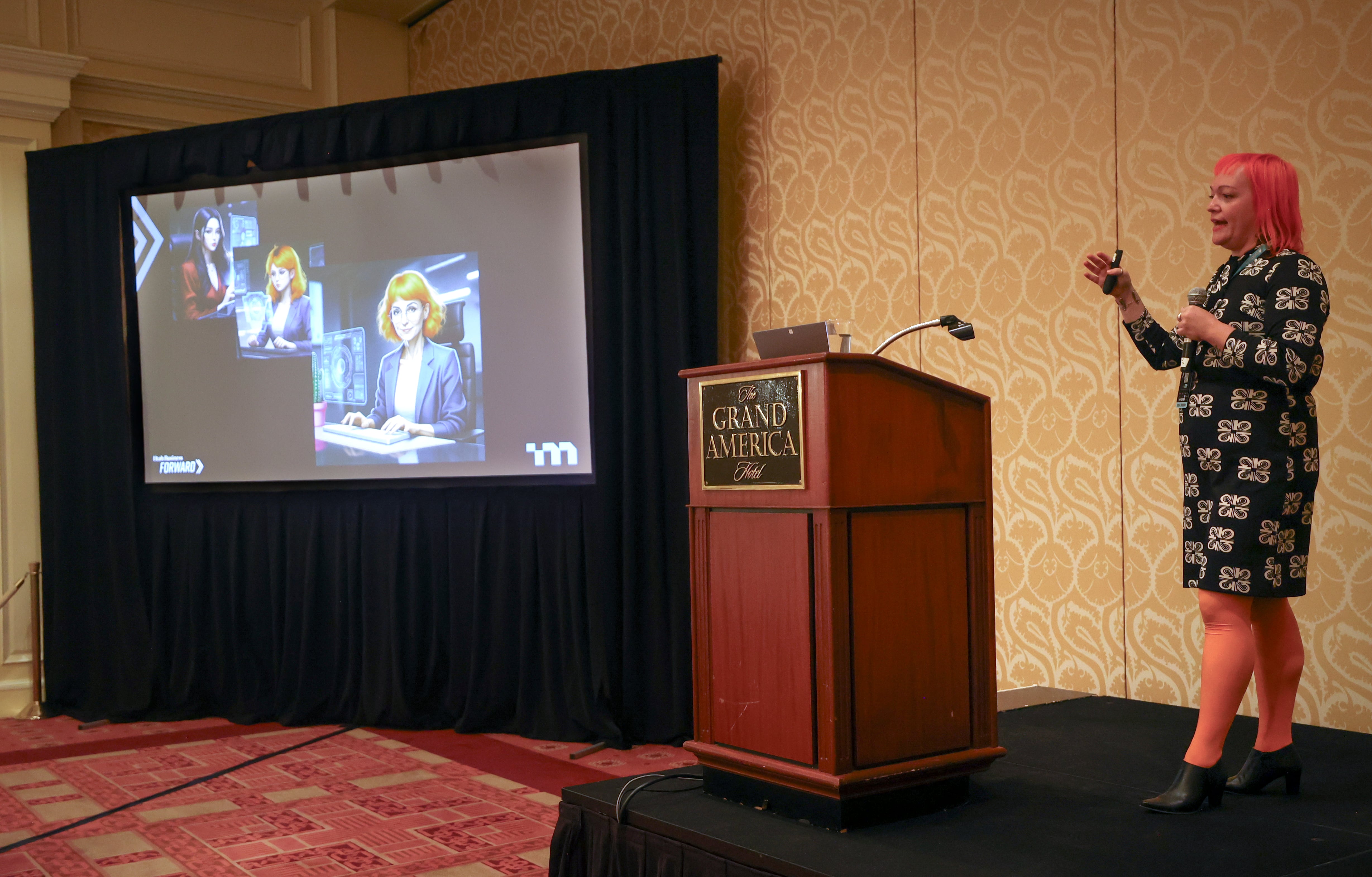 Clemence Roger, MasterControl head of SEO, speaks about artificial intelligence at the Utah Business Forward event at The Grand America Hotel in Salt Lake City on Wednesday.