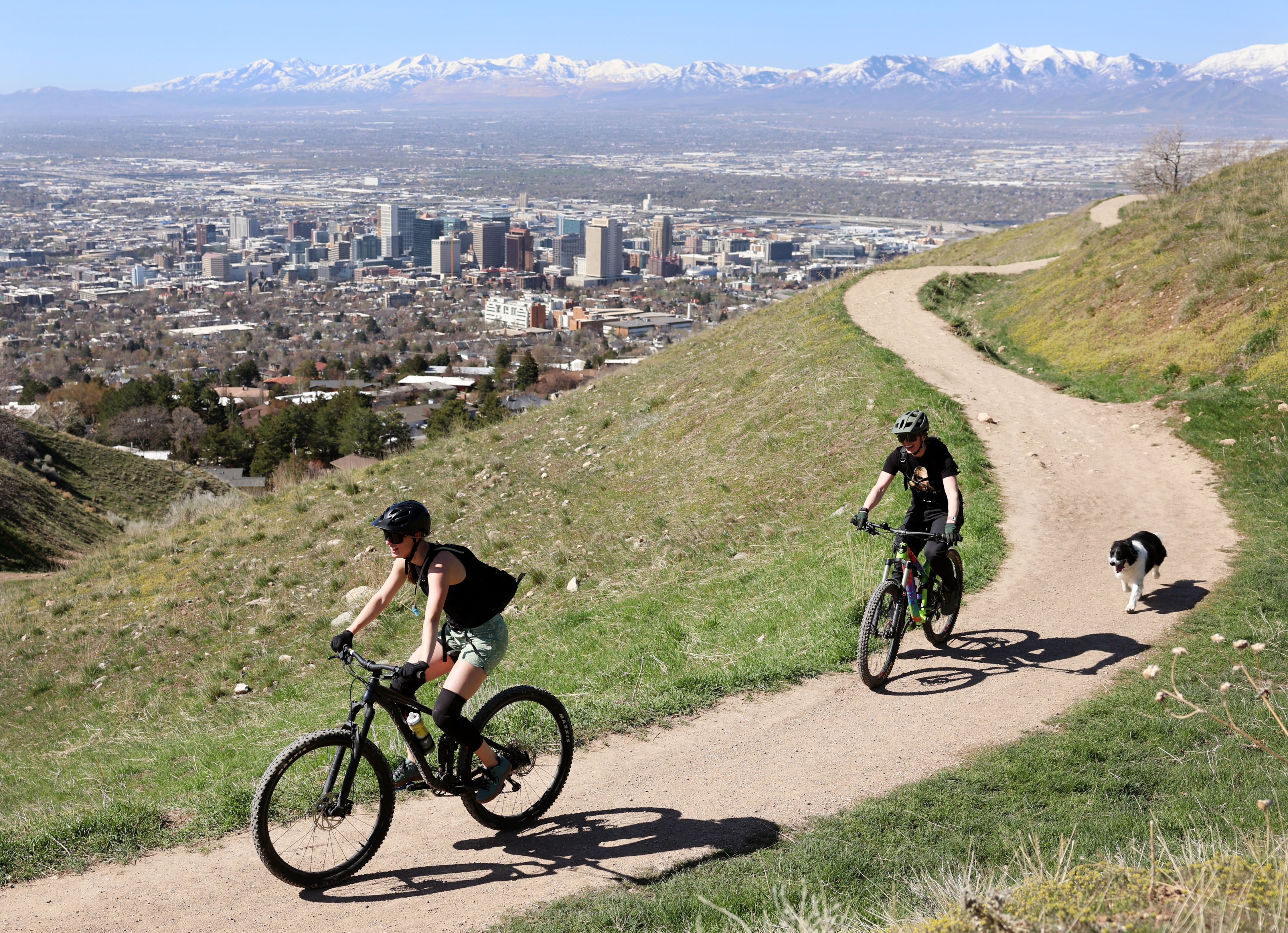 Mountain bikers ride along the Bonneville Shoreline trail in Salt Lake City on April 11. One popular Utah sport was the fastest-growing outdoor recreation activity in 2023 nationwide.