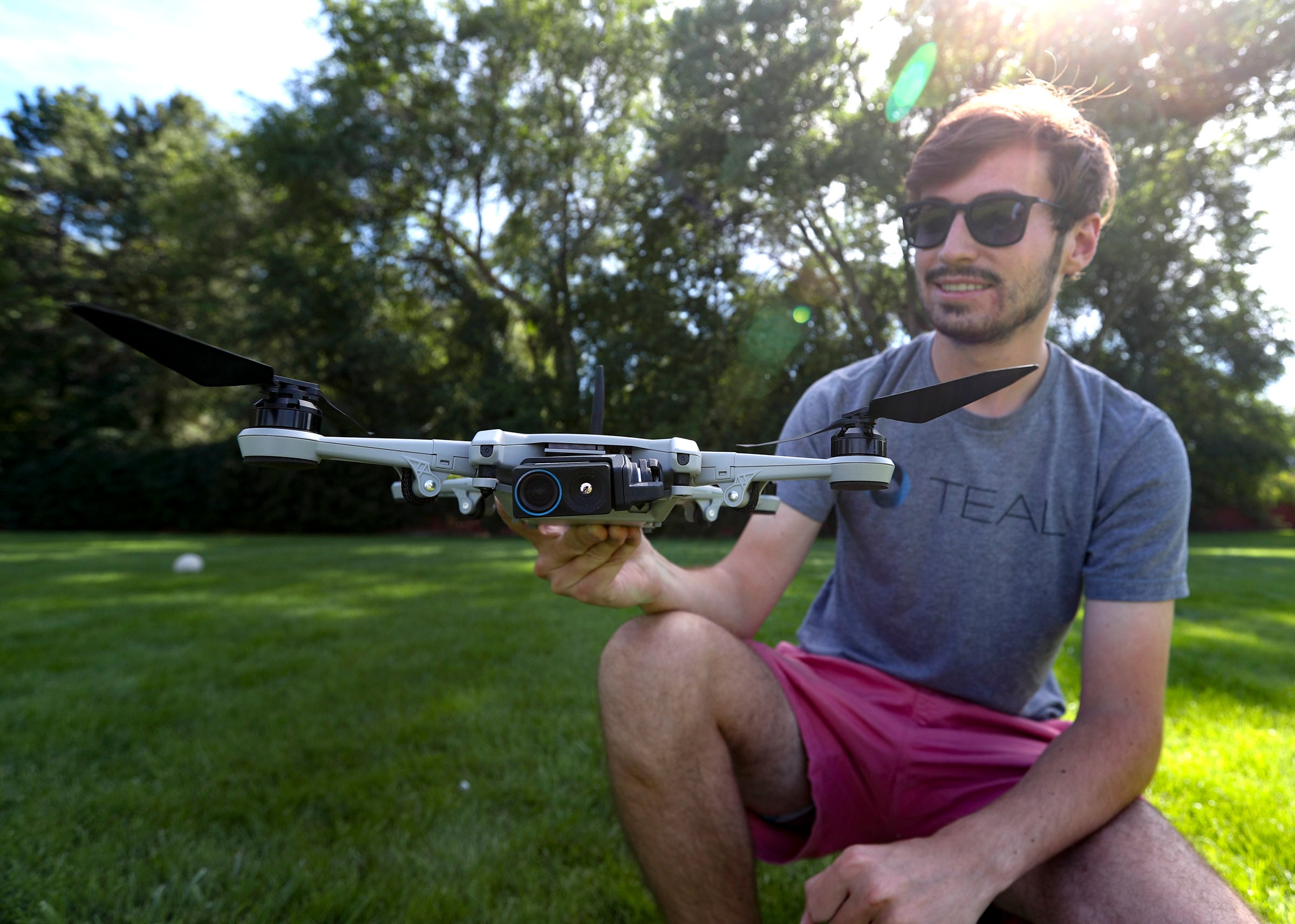 Teal Drones founder George Matus poses with the company’s new Golden Eagle drone near the firm's offices in Holladay on Sept. 2, 2020.