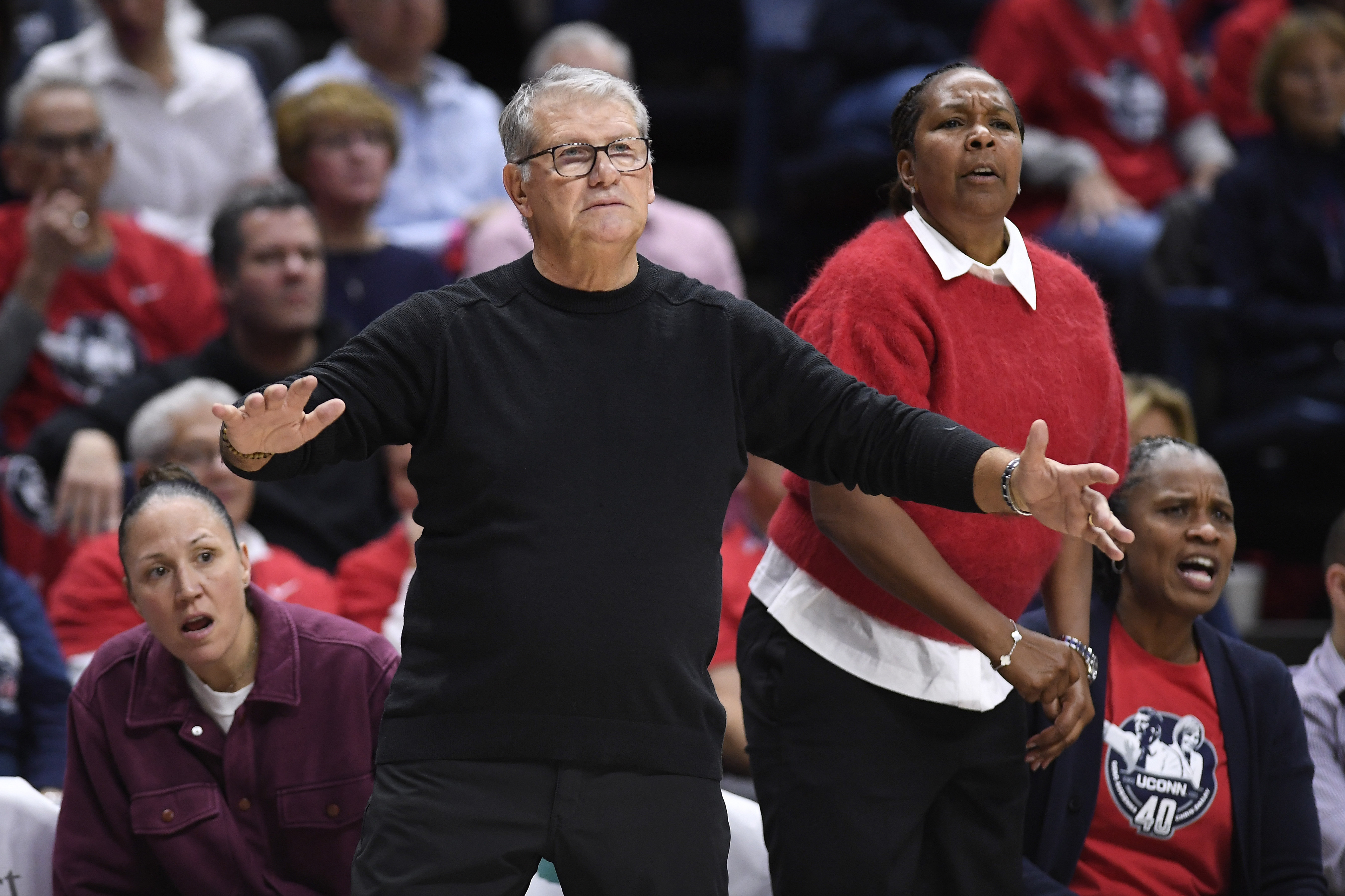 UConn head coach Geno Auriemma gestures in the first half of an NCAA college basketball game against Fairleigh Dickinson, Wednesday, Nov. 20, 2024, in Storrs, Conn.