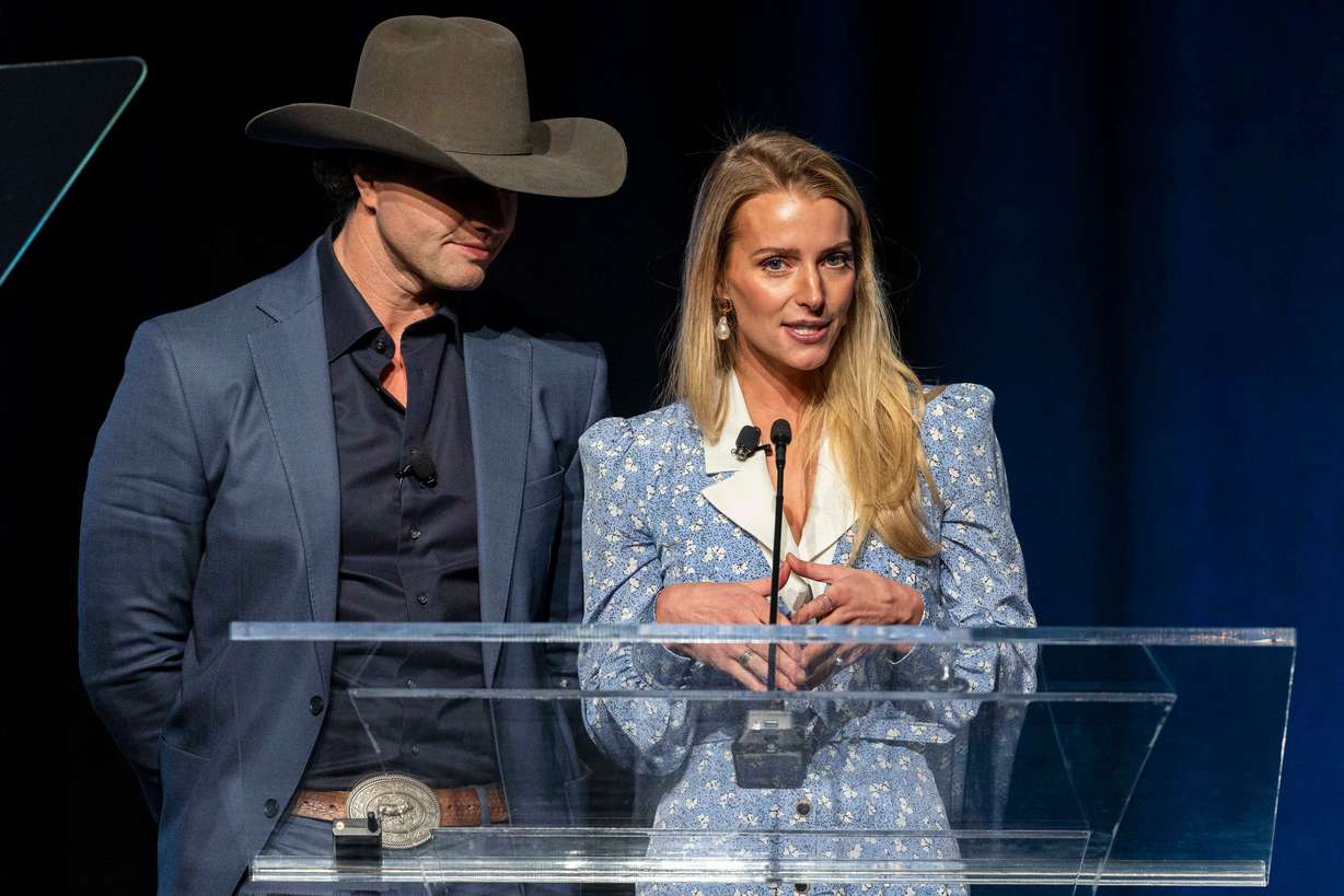 Hannah Neeleman speaks as she’s joined by her husband, Daniel Neeleman, co-founders of Ballerina Farm, during Utah Business Forward 2024 held at The Grand America Hotel in Salt Lake City on Nov. 20.