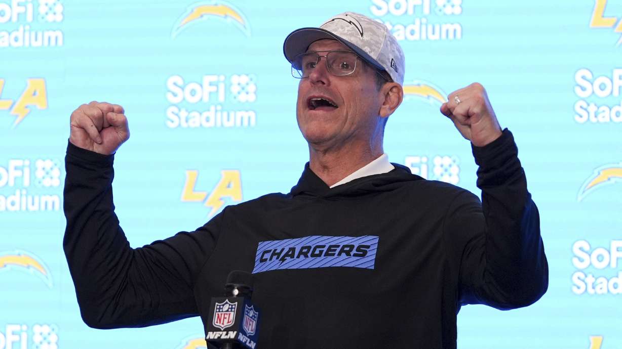 Los Angeles Chargers head coach Jim Harbaugh answers questions after a win over the Cincinnati Bengals in an NFL football game Sunday, Nov. 17, 2024, in Inglewood, Calif.