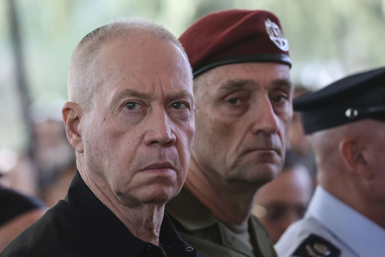 Israel's Defense Minister Yoav Gallant, left, and Chief of the General Staff Lt. Gen. Herzi Halevi, attend a ceremony marking the Hebrew calendar anniversary of the Hamas attack in Jerusalem, Israel Oct. 27. The International Criminal Court issued arrest warrants on Thursday for Israeli Prime Minister Benjamin Netanyahu, his former defense minister and Hamas officials, accusing them of war crimes and crimes against humanity.