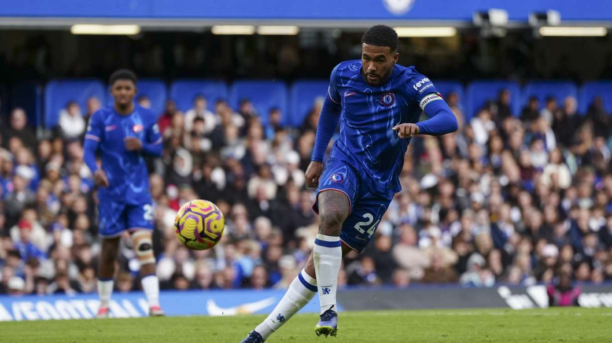 Chelsea's Reece James takes control of the ball during the English Premier League soccer match between Chelsea and Newcastle at Stamford Bridge in London, Sunday, Oct. 27, 2024.
