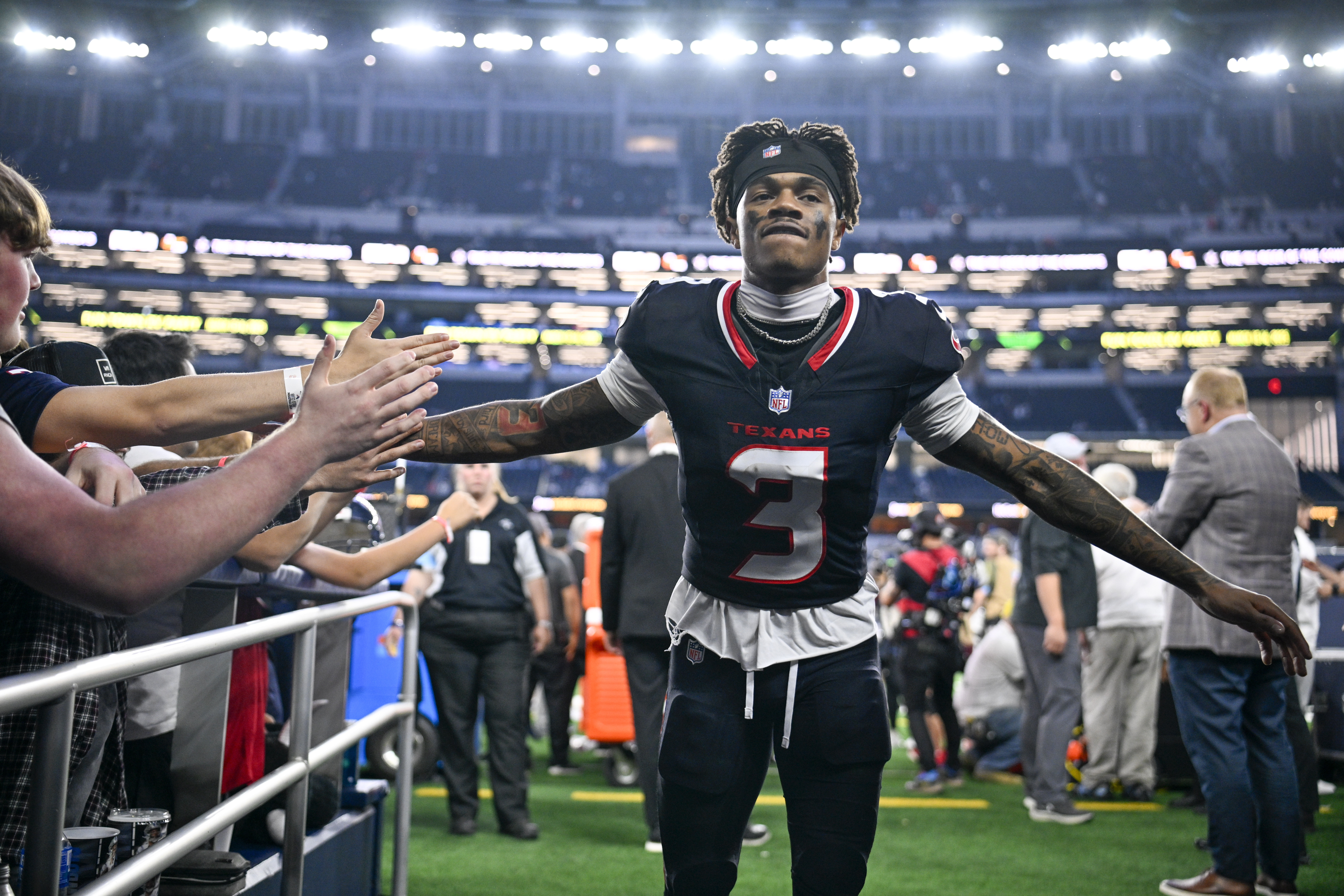 Houston Texans wide receiver Tank Dell leaves the field following an NFL football game against the Dallas Cowboys, Monday, Nov. 18, 2024, in Arlington, Texas. The Texans won 34-10. 