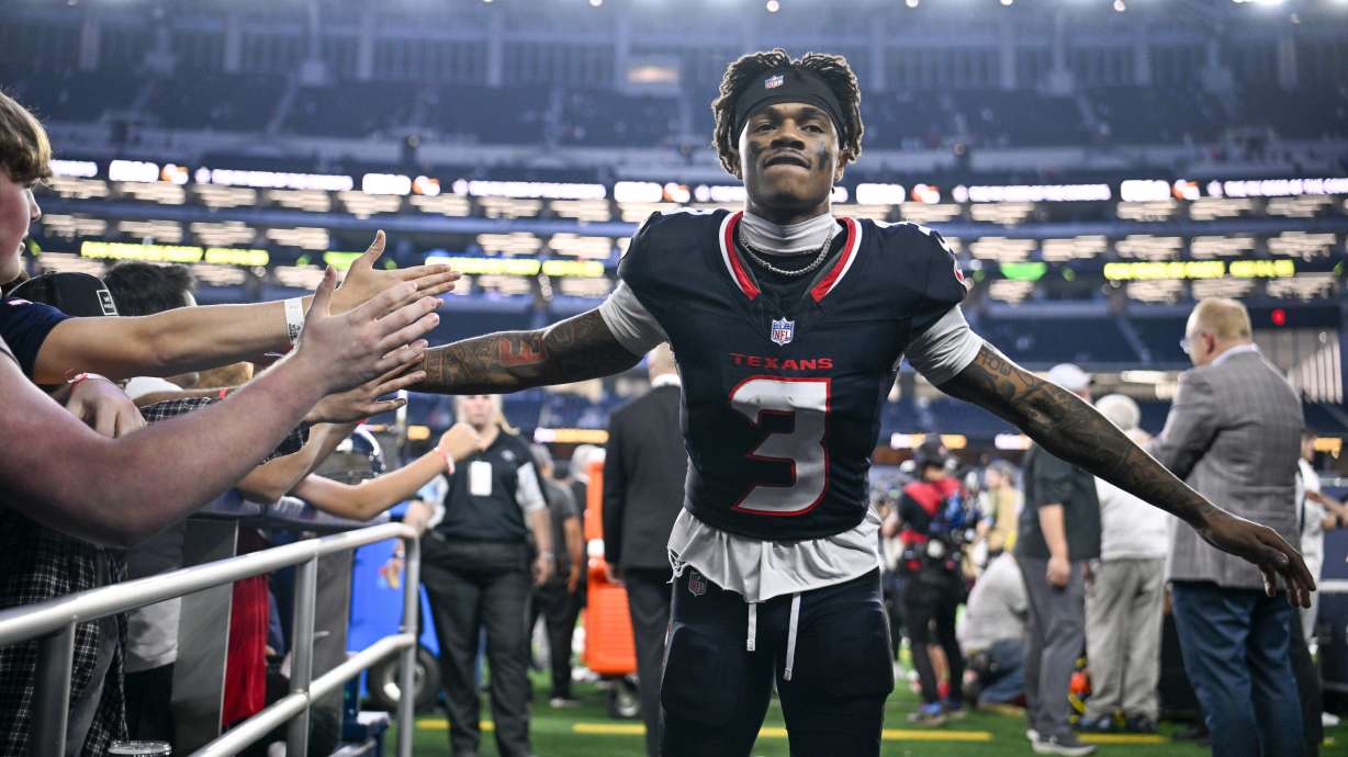 Houston Texans wide receiver Tank Dell leaves the field following an NFL football game against the Dallas Cowboys, Monday, Nov. 18, 2024, in Arlington, Texas. The Texans won 34-10.