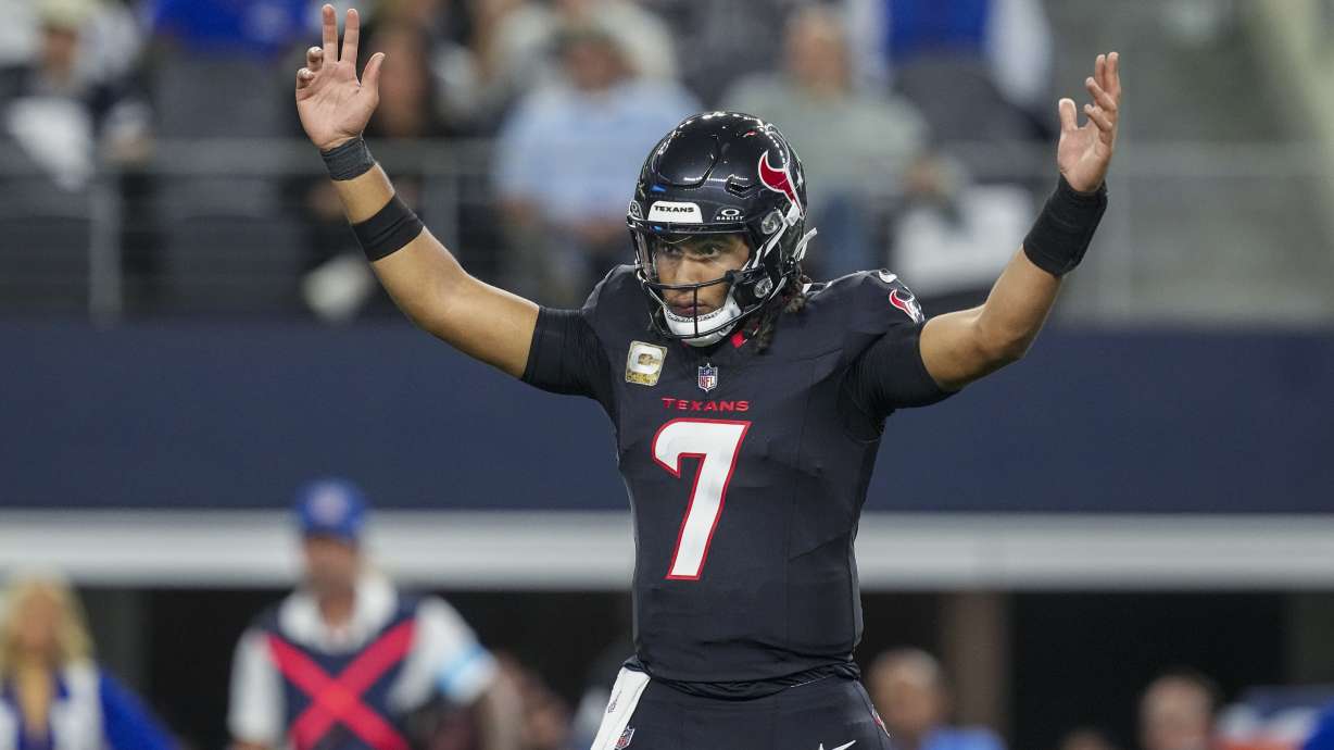 Houston Texans quarterback C.J. Stroud reacts after a play near the goal line against the Dallas Cowboys during the first half of an NFL football game, Monday, Nov. 18, 2024, in Arlington, Texas.