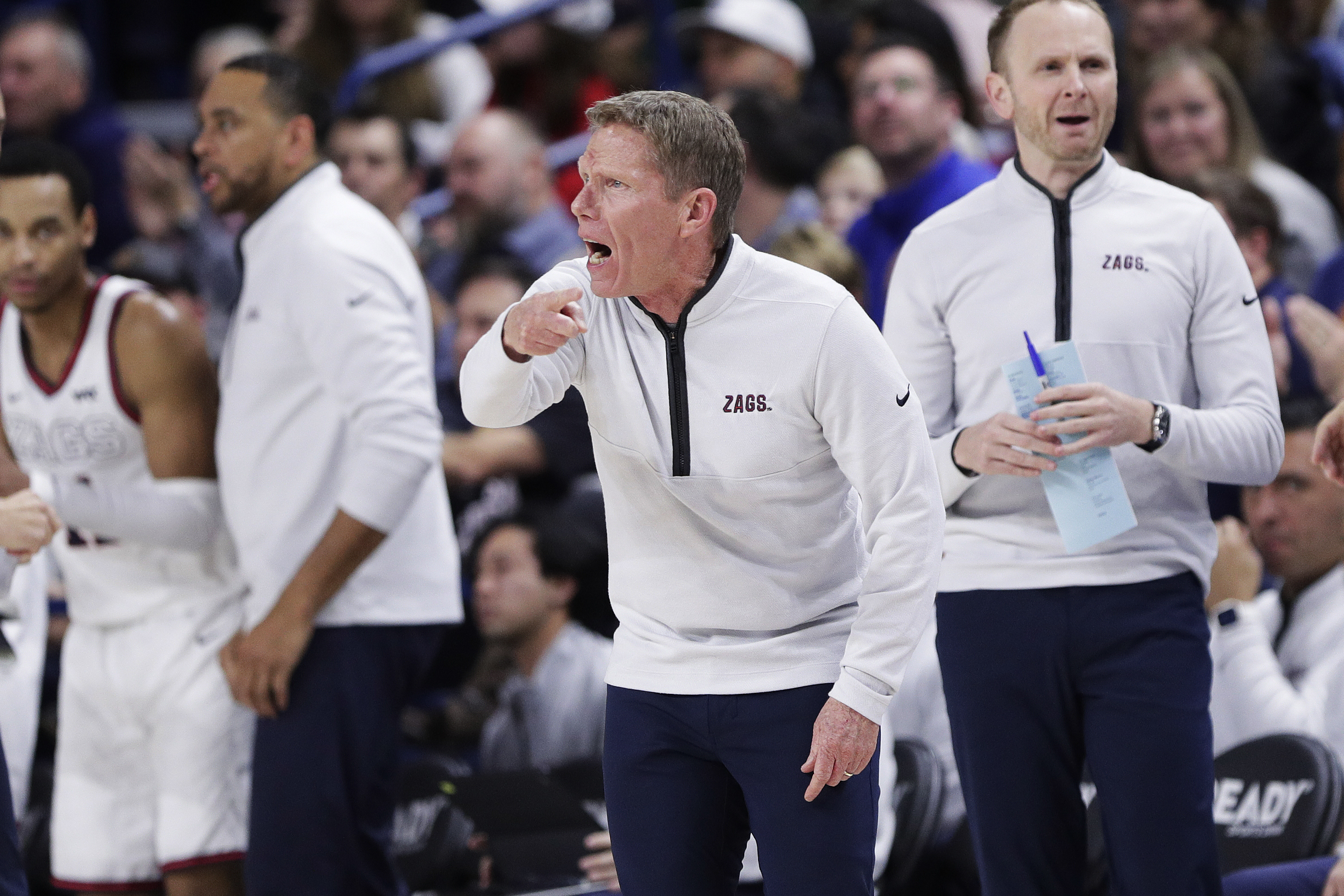 Gonzaga head coach Mark Few directs his team during the first half of an NCAA college basketball game against Long Beach State, Wednesday, Nov. 20, 2024, in Spokane, Wash.
