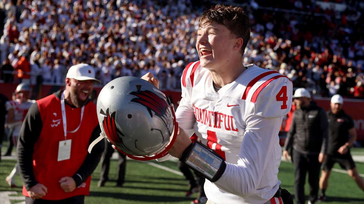 Bountiful’s QB Emerson Geilman celebrates Bountiful’s 5A championship win against Roy at Rice-Eccles Stadium in Salt Lake City on Thursday, Nov. 21, 2024.