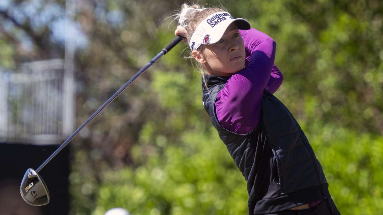 Nelly Korda tees off on the first hole during the first round of the LPGA CME Group Tour Championship golf tournament Thursday, Nov. 21, 2024, in Naples, Fla.
