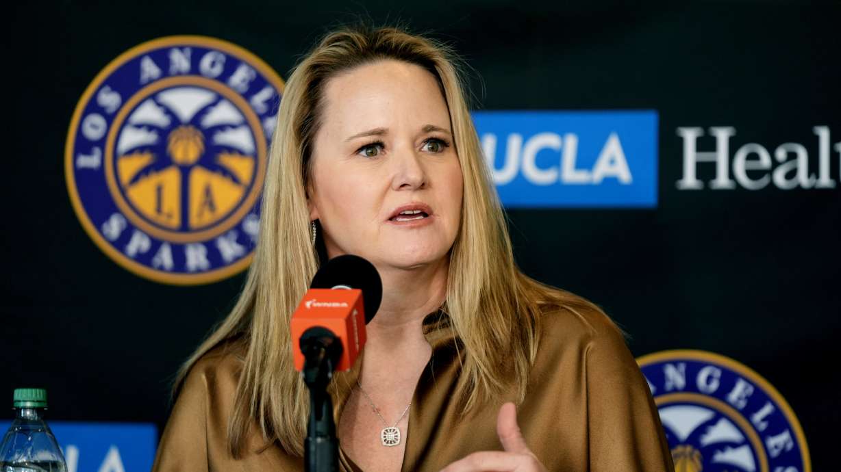 Lynne Roberts speaks during a news conference after being introduced as the new head coach of the WNBA basketball team Los Angeles Sparks at Crypto.com Arena in Los Angeles Thursday, Nov. 21, 2024.