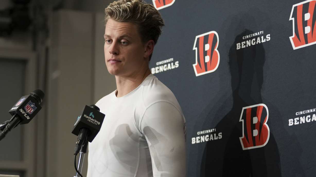 Cincinnati Bengals quarterback Joe Burrow answers questions after an NFL football game against the Los Angeles Chargers, Sunday, Nov. 17, 2024, in Inglewood, Calif.