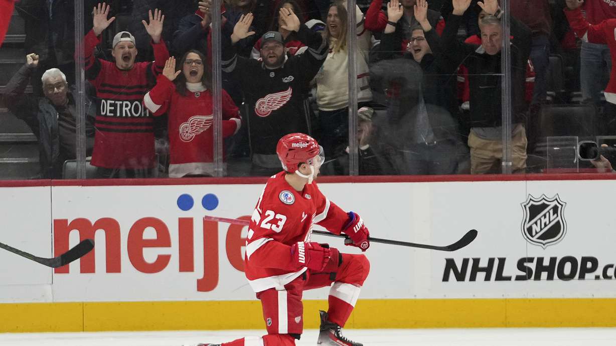 Detroit Red Wings left wing Lucas Raymond (23) reacts to scoring against the New York Islanders in the third period of an NHL hockey game Thursday, Nov. 21, 2024, in Detroit.