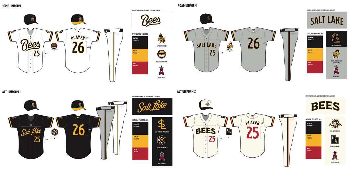 A breakdown of the Salt Lake Bees' 2025 uniforms. The uniforms include new lettering, numbering and some new colors.