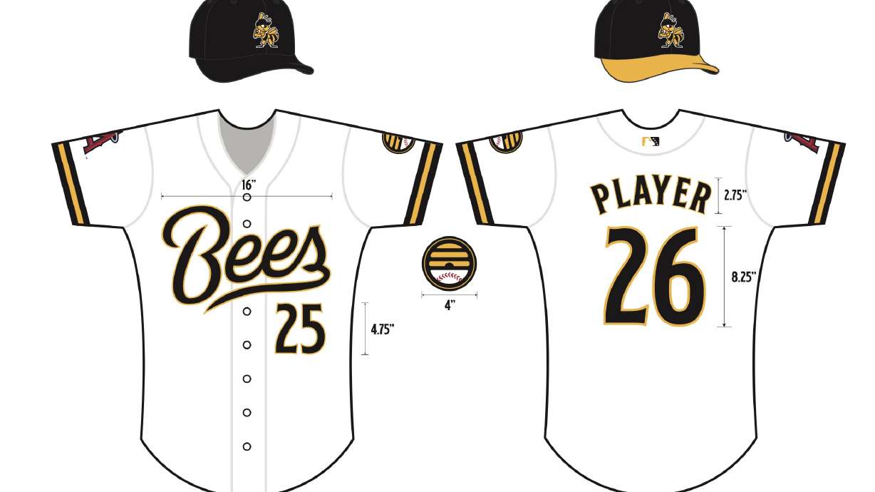 A mockup of the Salt Lake Bees' primary home uniform beginning in 2025. The team unveiled a brand "refresh" on Monday, including new jerseys, team colors and secondary logos before their first season at Daybreak Field.