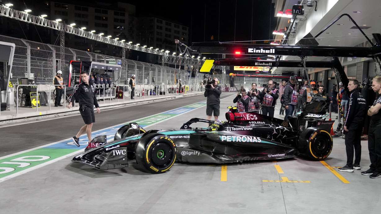 Mercedes driver Lewis Hamilton, of Britain, leavers the garage area during a practice session for the Formula One U.S. Grand Prix auto race, Thursday, Nov. 21, 2024, in Las Vegas.