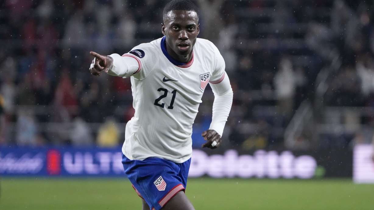 United States' Tim Weah (21) celebrates after scoring during the second half in a CONCACAF Nations League quarterfinal second leg soccer match against Jamaica Monday, Nov. 18, 2024, in St. Louis.