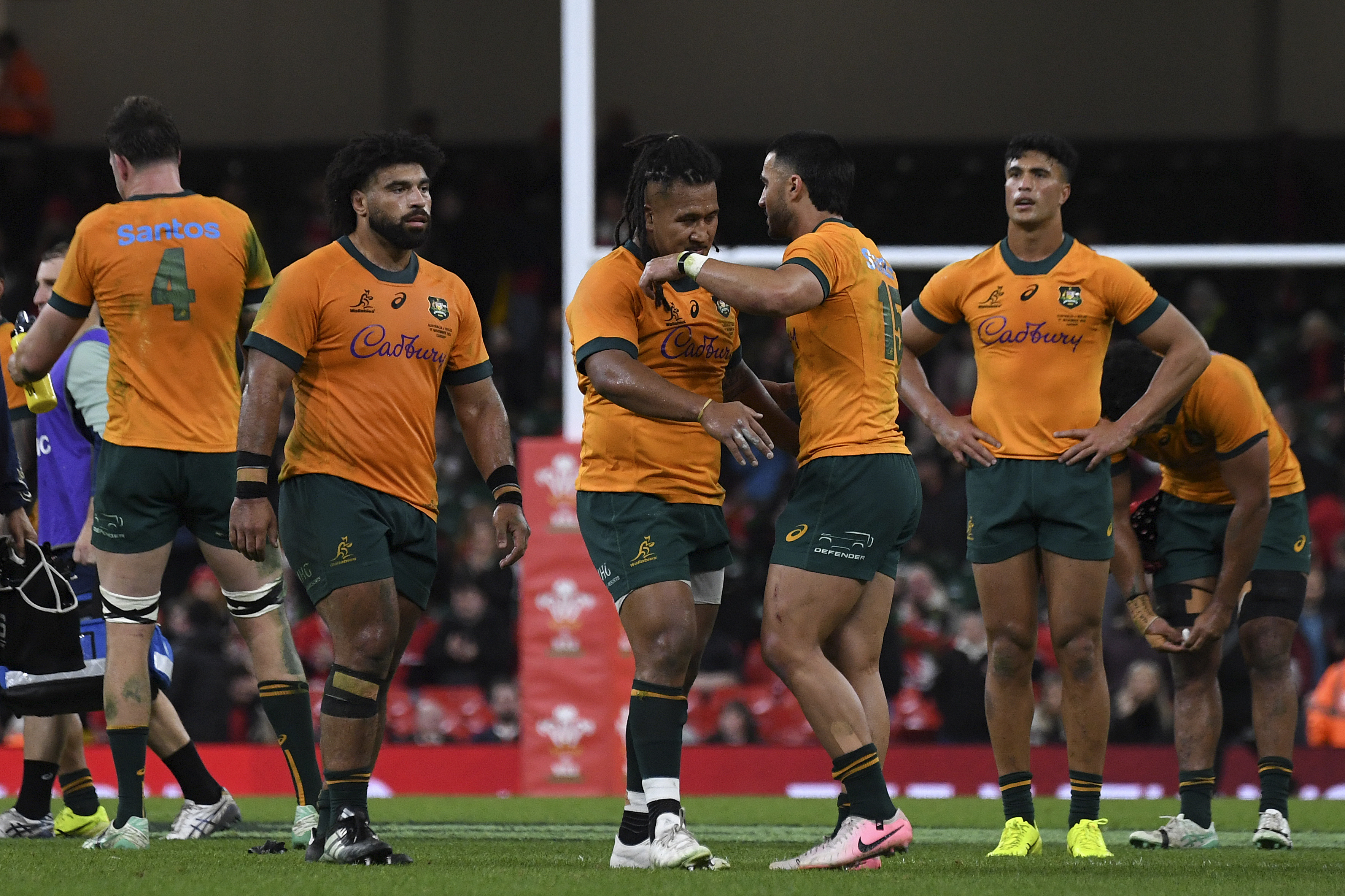 Australian players celebrate winning the Autumn Nations series rugby union match between Wales and Australia at the Principality Stadium in Cardiff, Wales, Sunday, Nov. 17, 2024.