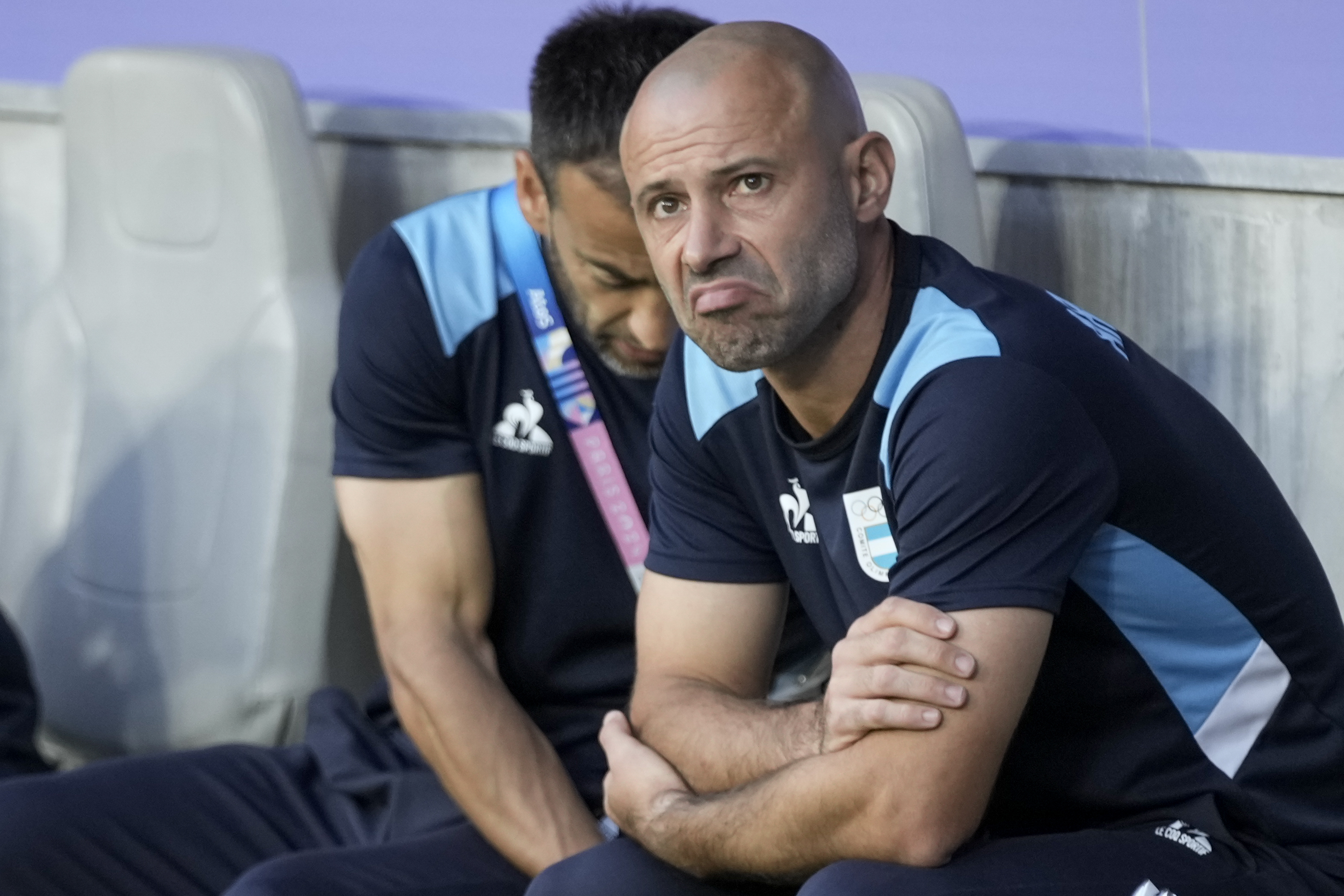 FILE - Argentina's head coach Javier Mascherano reacts before the quarter final soccer match between France and Argentina, at Bordeaux Stadium, during the 2024 Summer Olympics, on Aug. 2, 2024, in Bordeaux, France.