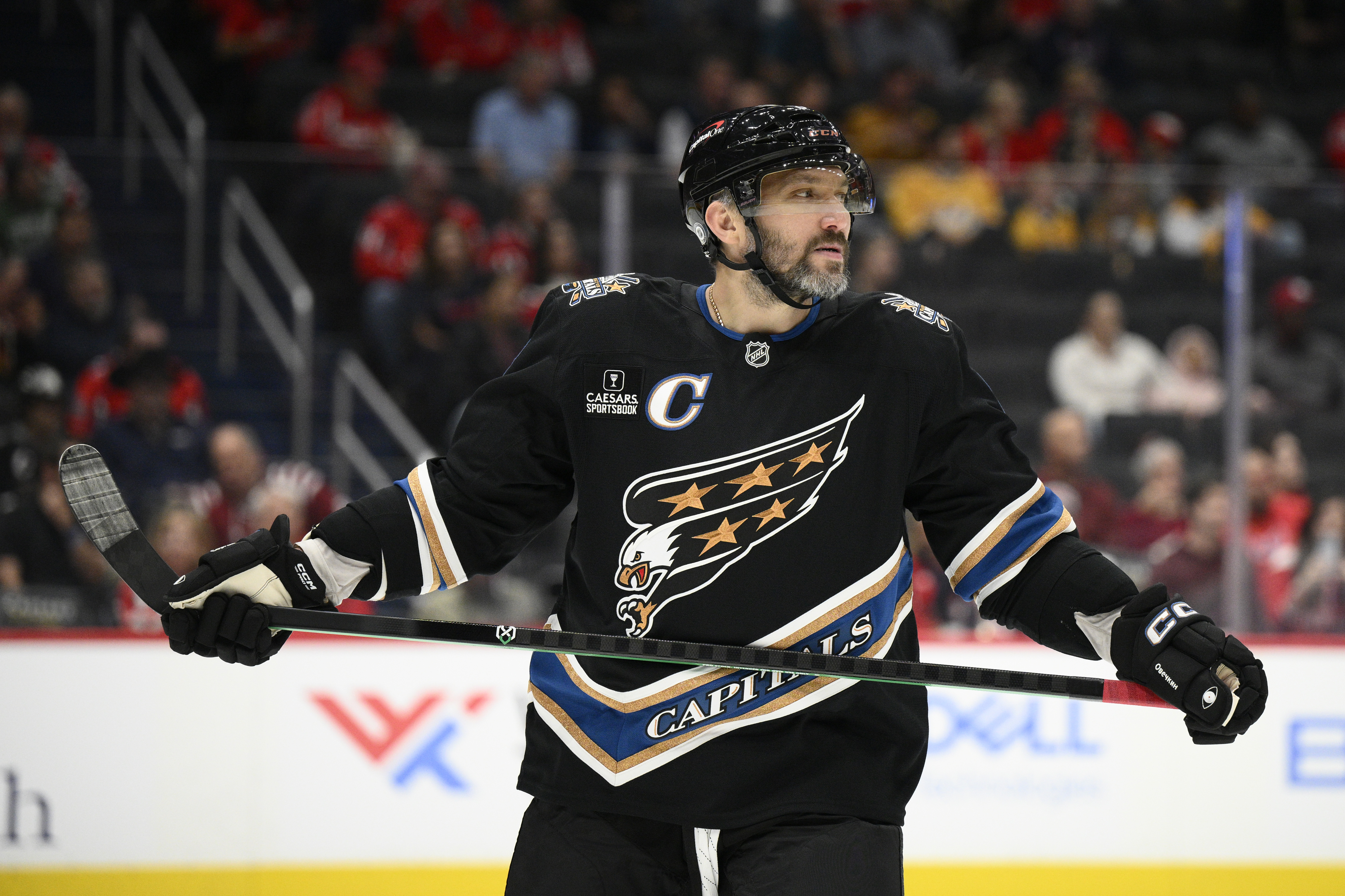 Washington Capitals left wing Alex Ovechkin looks on during the first period of an NHL hockey game against the Nashville Predators, Wednesday, Nov. 6, 2024, in Washington.