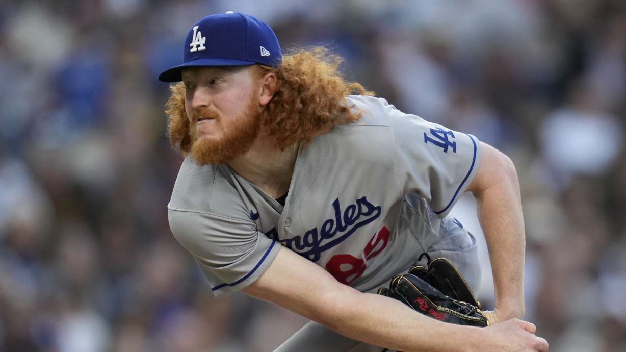 FILE - Los Angeles Dodgers starting pitcher Dustin May works against a San Diego Padres batter during the sixth inning of a baseball game Saturday, May 6, 2023, in San Diego.