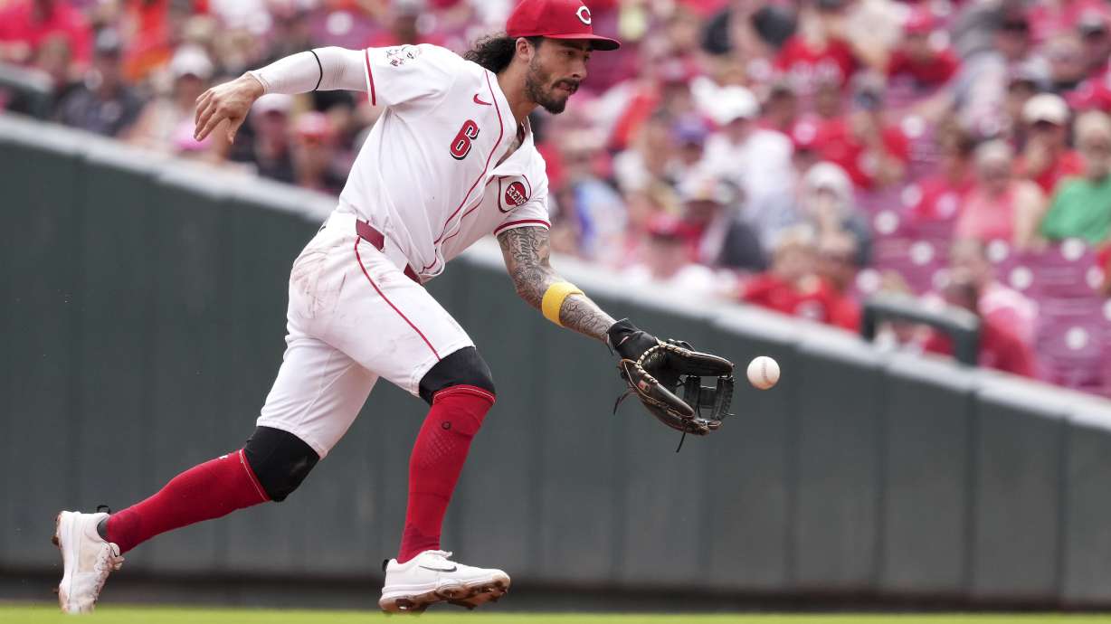 FILE - Cincinnati Reds' Jonathan India fields a ground ball hit by Pittsburgh Pirates' Oneil Cruz during the fifth inning of a baseball game, Sept. 22, 2024, in Cincinnati.