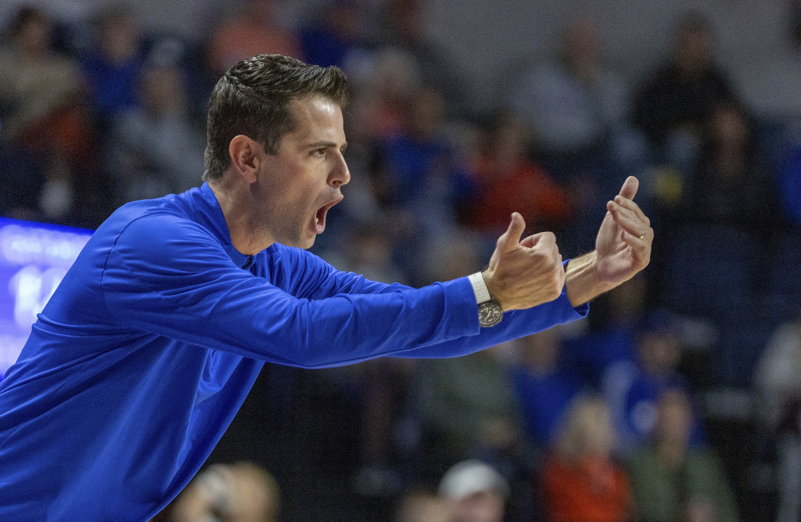 Florida head coach Todd Golden instructs his players during the first half of an NCAA college basketball game Friday, Nov. 22, 2024, in Gainesville, Fla.