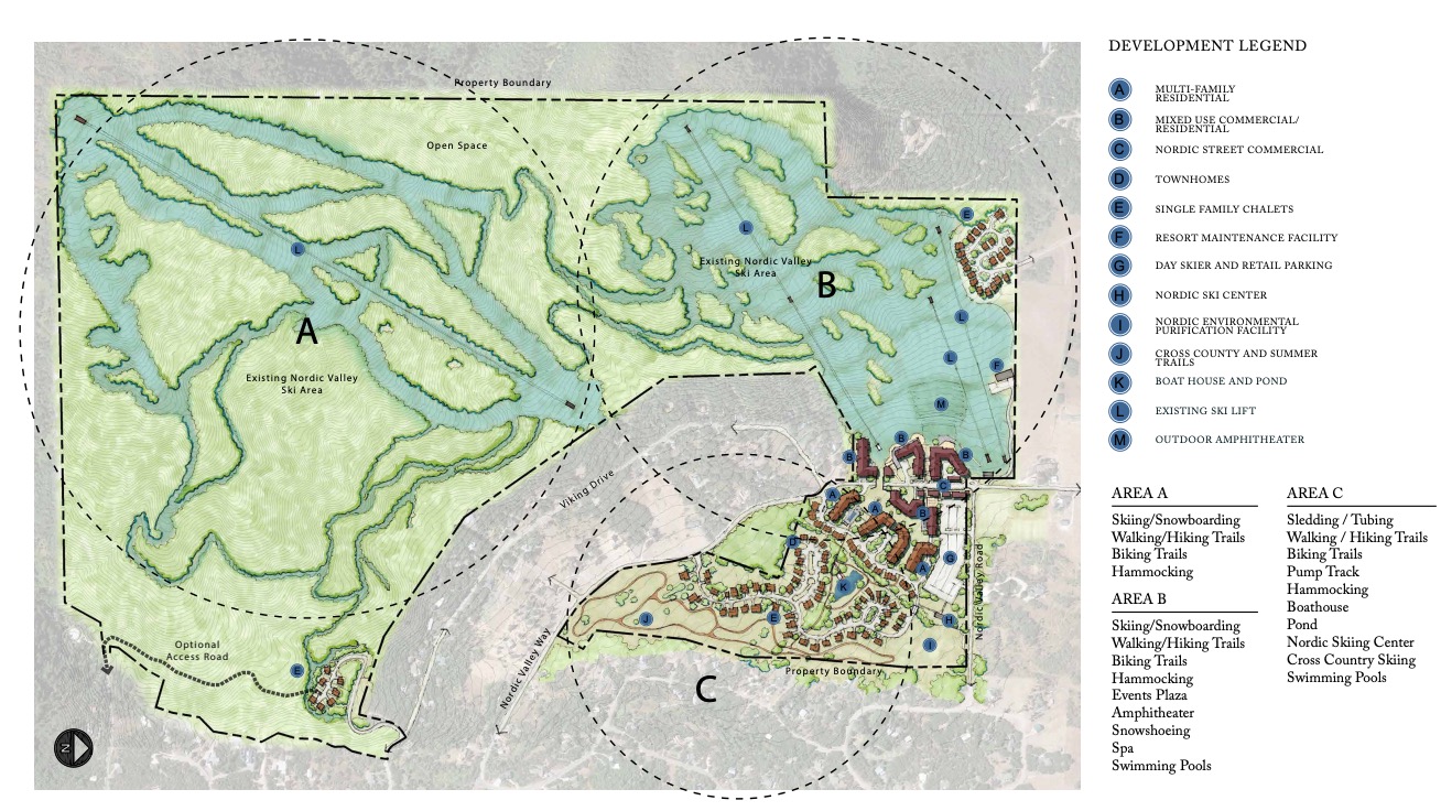 A rendering of the proposed Nordic Valley ski resort development area, focus of discussion by Weber County officials, Wednesday. The proposed ski village is shown in the lower right-hand corner.