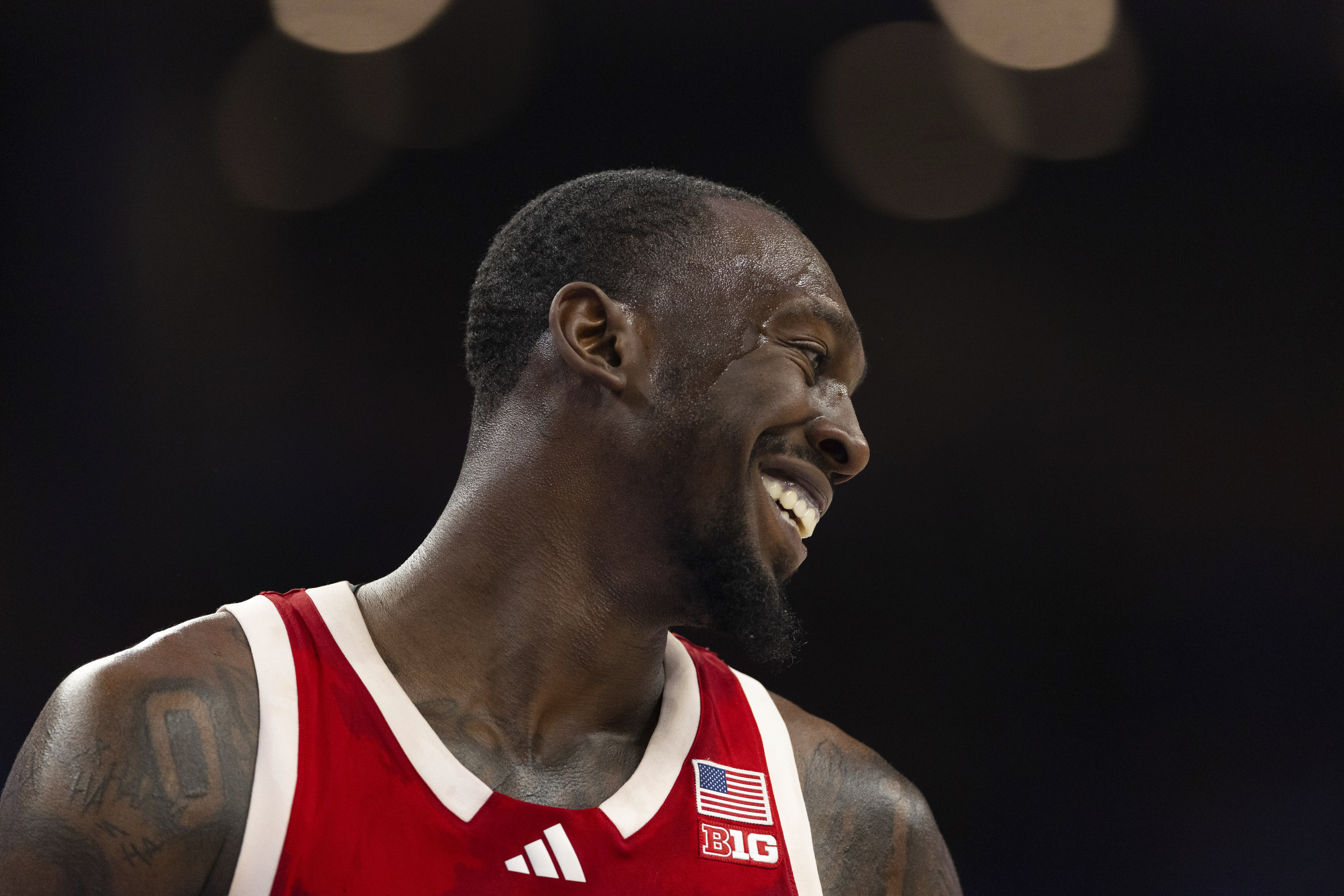 Nebraska's Juwan Gary smiles between plays against Creighton during the second half of an NCAA college basketball game Friday, Nov. 22, 2024, in Omaha, Neb. 