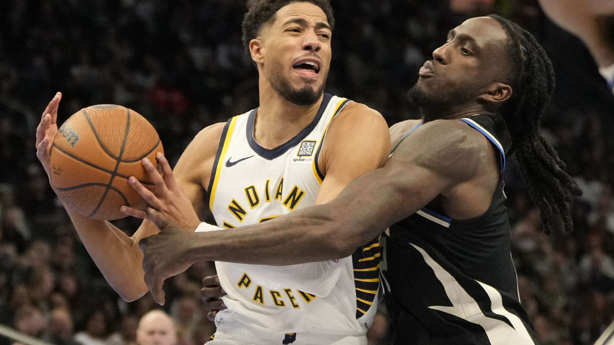 Indiana Pacers' Tyrese Haliburton is fouled by Milwaukee Bucks' Taurean Prince during the second half of an Emirates NBA cup tournament basketball game Friday, Nov. 22, 2024, in Milwaukee. The Bucks won 129-117.