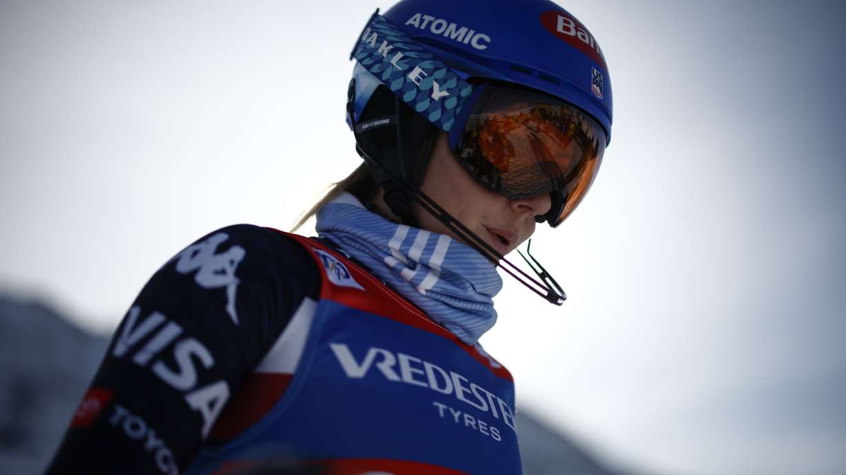 United States' Mikaela Shiffrin concentrates ahead of an alpine ski, women's World Cup slalom, in Gurgl, Austria, Saturday, Nov. 23, 2024.